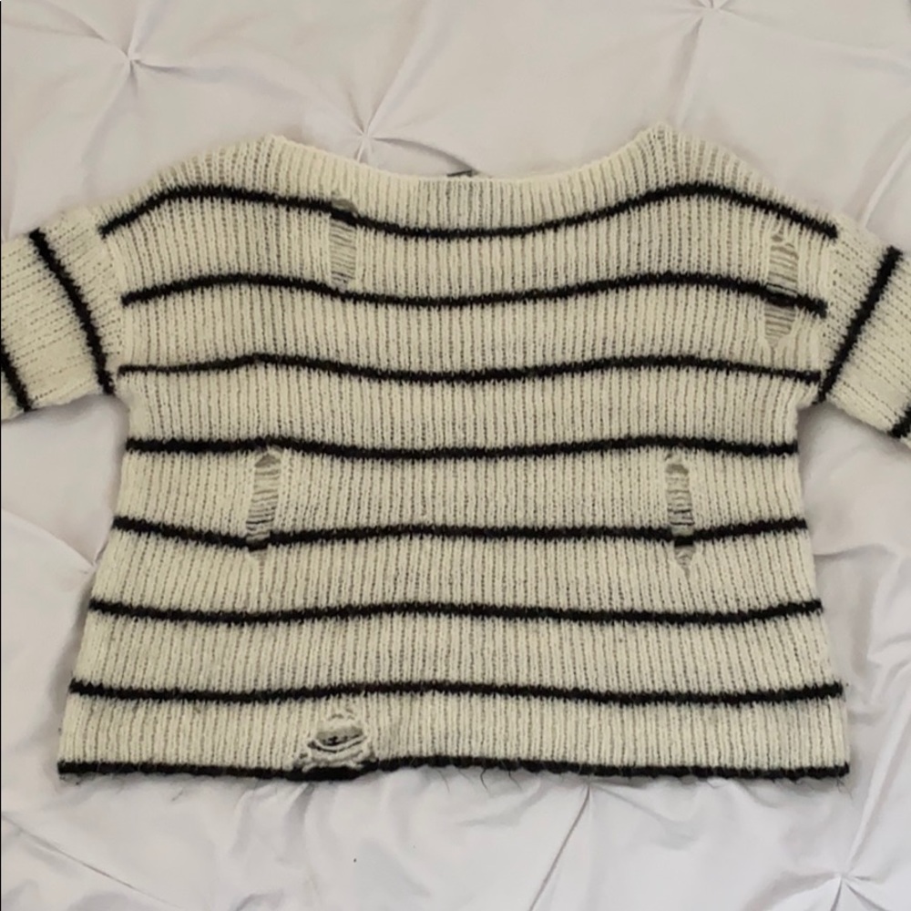 off the shoulder ripped stripped sweater